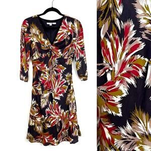 Boden Womens Jersey Dress Twist V Neck Knee Length Feather Floral Bohemian